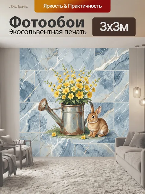 Фотообои Кролик у медной лейки с цветами
