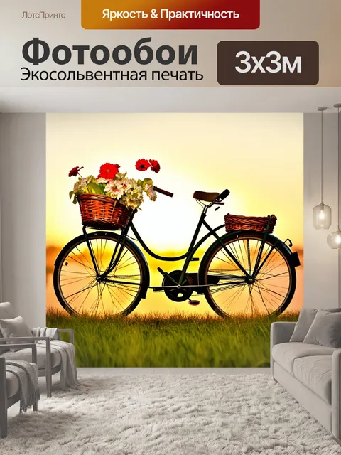 Фотообои Ретро велосипед с двумя плетеными корзинами, полными ярких красных и белых цветов, на фоне солнечного захода