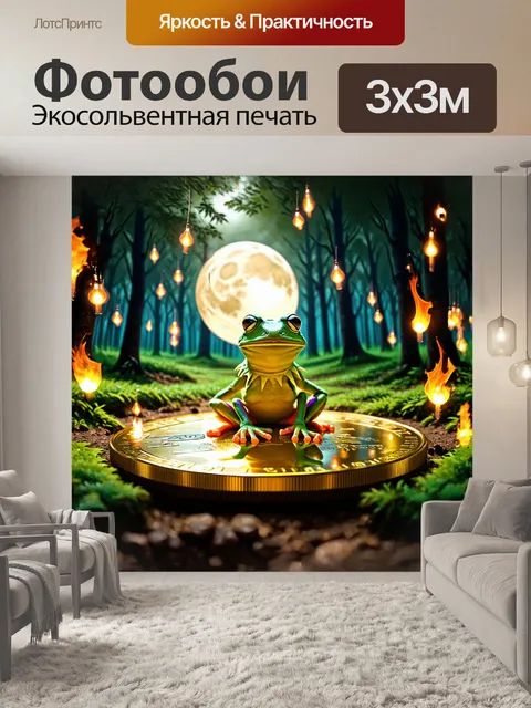 Фотообои в глубине леса, освещенного луной, кермит, лягушка, сидит на огромной золотой монете, окруженный волшебными…