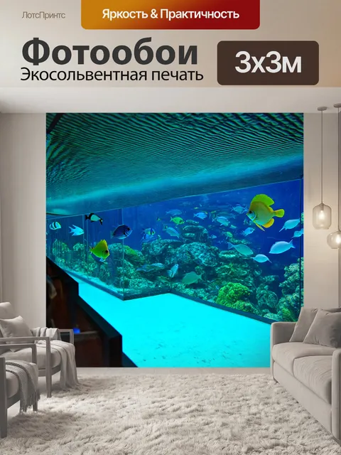 Фотообои исследовательская подводная станция с разнообразными экзотическими рыбами, плывущими мимо стеклянных стен