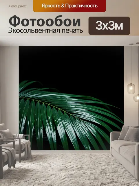 Фотообои Зелёная пальмовая ветвь на чёрном фоне