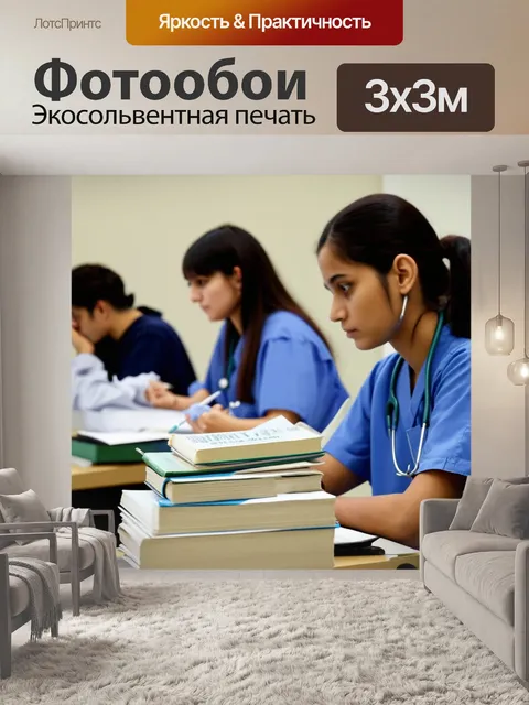 Фотообои студенты медицинского вуза на занятиях, акцент на учебные пособия, приглушенные цвета, реалистичный стиль