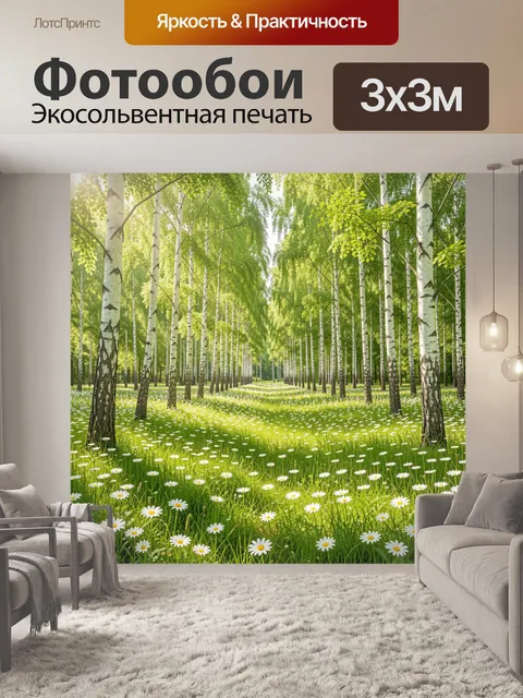 Фотообои Берёзовая аллея и луг с ромашками