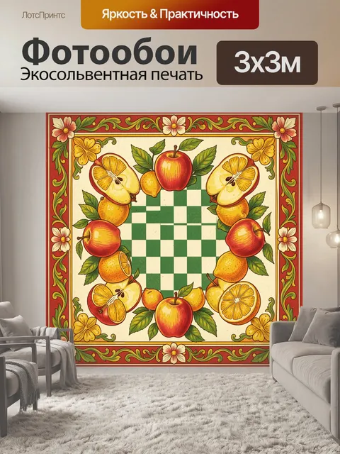 Фотообои Фруктовый венок с шахматным центром