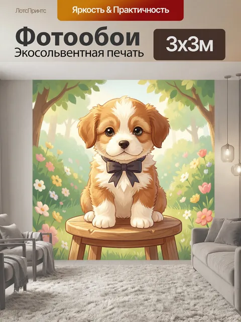 Фотообои Щенок в саду с бантом