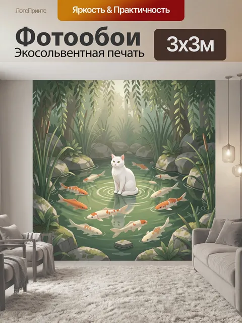 Фотообои Белый кот у пруда с карпами