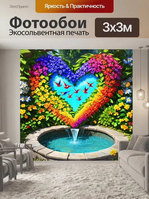 Фотообои сказочный сад, где цветы распускаются в виде сердец, а листья имеют форму ласточек, окружают маленький…