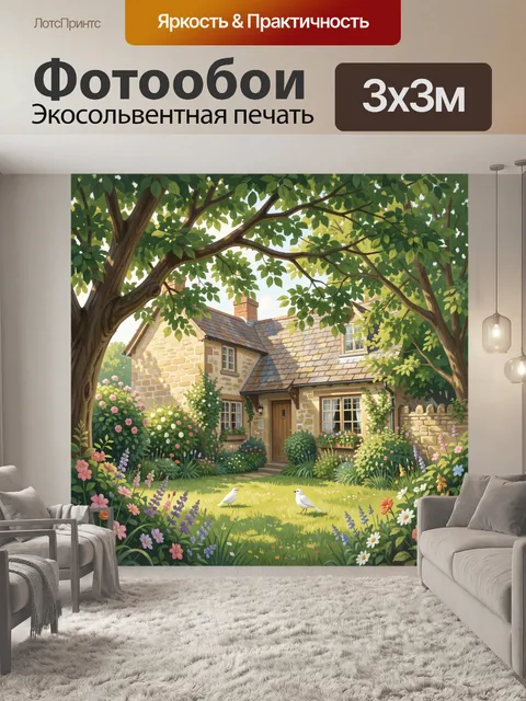 Фотообои Уютный коттедж в саду под деревьями