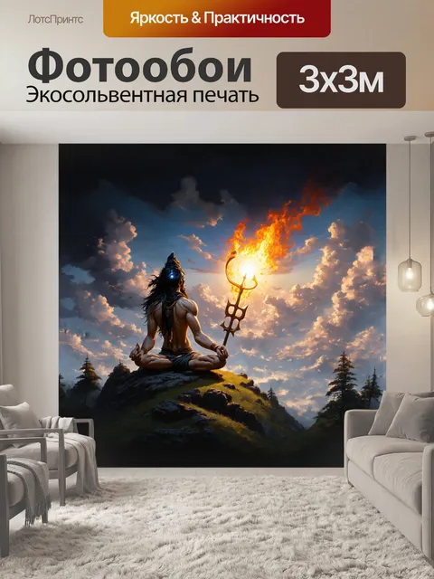 Фотообои в центре композиции величественно сидит лорд шива, изображенный в глубокой медитации на вершине горы