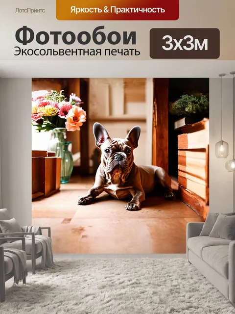 Фотообои исси, французский бульдог, лежит на деревянном полу в старинном доме, окруженный книгами и вазами с цветами