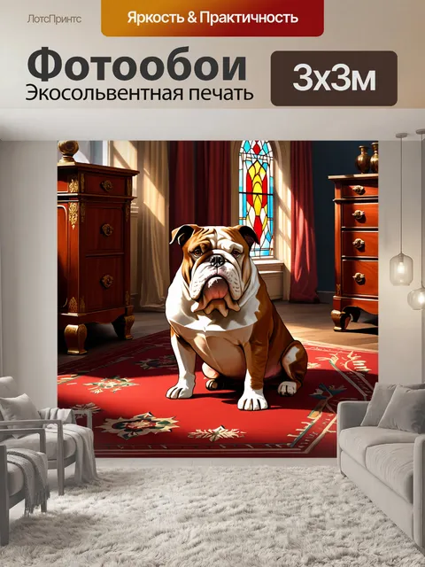 Фотообои великолепный бульдог, сидящий на старинном красном ковре, окруженный антикварной мебелью и книгами