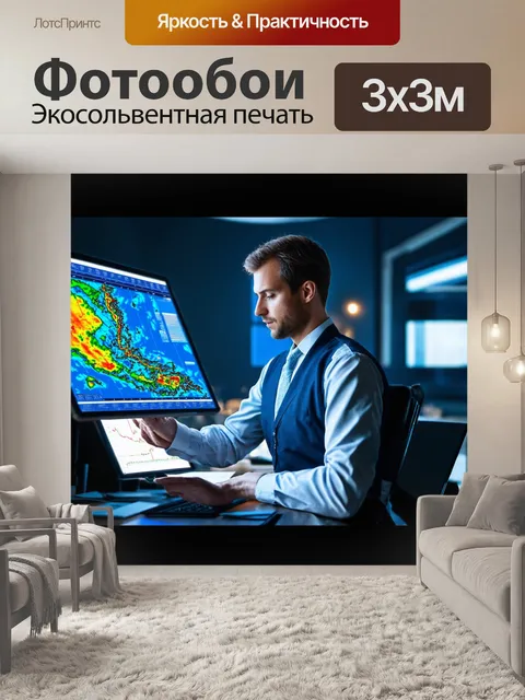 Фотообои синоптик, анализирующий метеорологические условия с картами и графиками, в научно-фантастическом стиле
