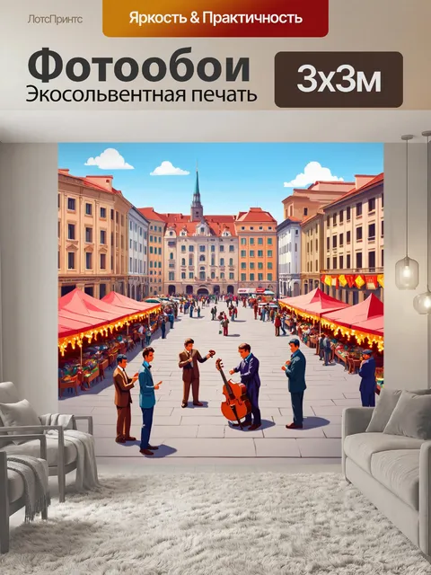 Фотообои город в стиле вектор с центральной площадью, оживленными рынками и музыкантами, создающими атмосферу праздника