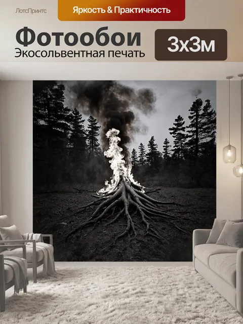 Фотообои центром изображения служит пылающий лес