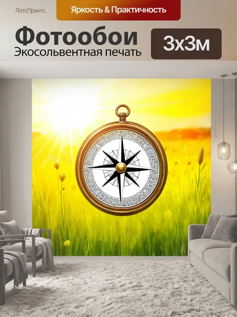 Фотообои компас на фоне солнечной поляны, выполненный в технике декоративной живописи