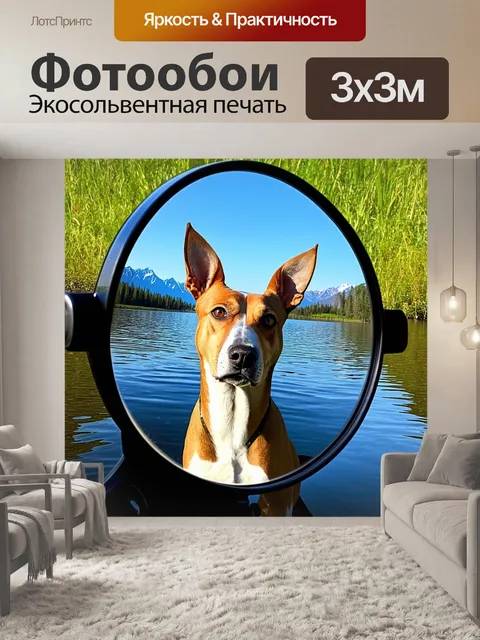 Фотообои басенджи, отражающийся в зеркальном поверхности озера, с окружающим природным пейзажем, полным зелени и гор