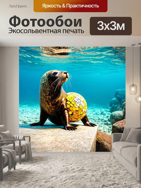 Фотообои животные в стиле мозаика, милый морской котик с мозаичным рисунком, играющий с мячом