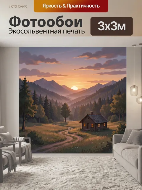 Фотообои Домик в долине на закате