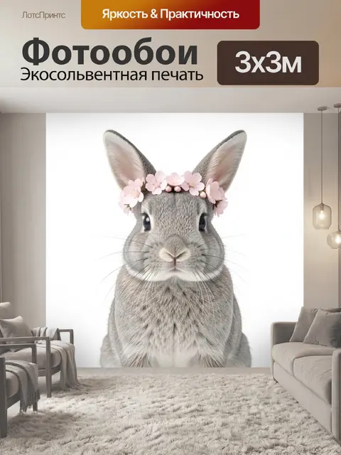 Фотообои Серый кролик с цветочным венком