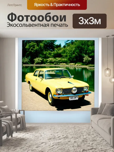 Фотообои машина в стиле полароидная фотография с ретро автомобилем на фоне рукотворного водоема