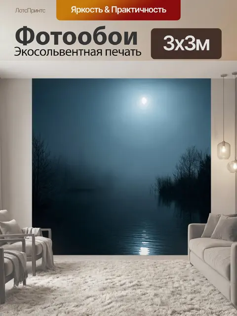 Фотообои туман в стиле готический: ночное озеро, по которому стелется туман, с отражениями лунного света