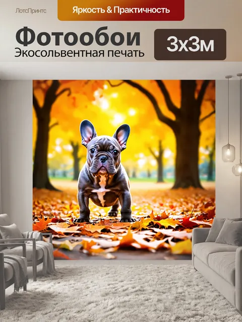 Фотообои нежный щенок французского бульдога играет с осенними листьями в парке, наполненном яркими красками сезона