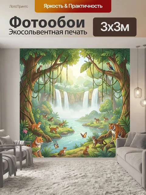 Фотообои Тропический лес и водопад с животными