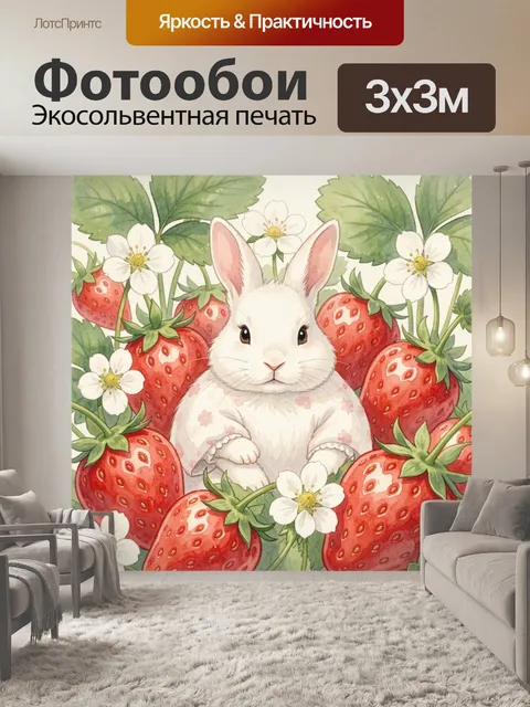 Фотообои Белый кролик среди клубники