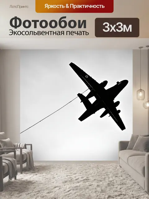 Фотообои самолет в черно-белом стиле, переплетается с линиями электрических проводов