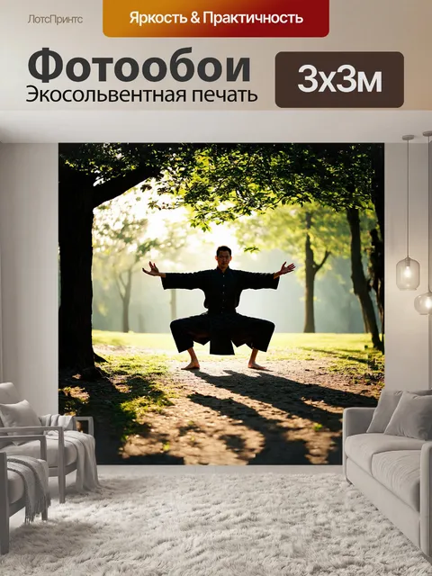 Фотообои в центре кадра величественно вырисовывается силуэт мастера тай-чи