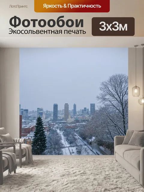 Фотообои серые зимние неба над городом, где снежинки плавно опускаются на землю, создавая ощущение покоя