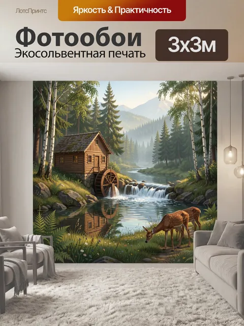 Фотообои Лесной дом у водопада
