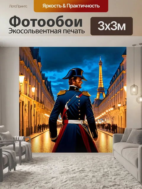 Фотообои наполеон на фоне панорамы парижа, ночное время, освещённые улицы и детали архитектуры