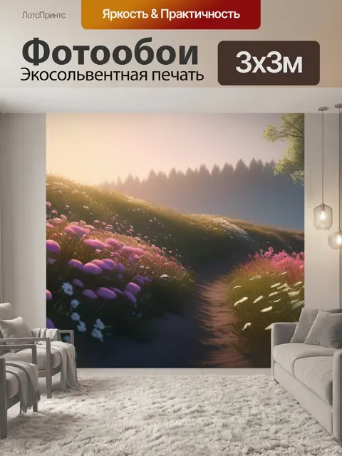 Фотообои деревенский пейзаж с цветами минимал
