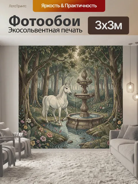 Фотообои Единорог у фонтана в лесу