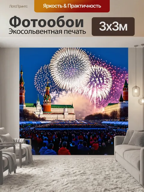 Фотообои кремль,оведённый на фоне яркого праздника, где проходят парады, фейерверки и торжества, создающие атмосферу…