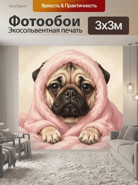 Фотообои Мопс в розовом капюшоне