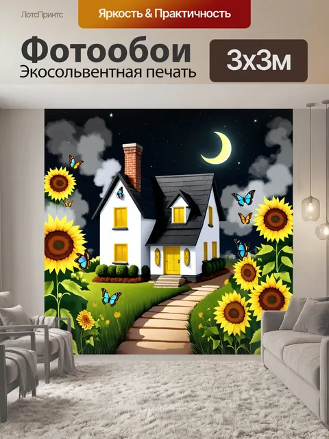 Фотообои Белый дом с черной крышей и желтыми окнами окружен подсолнухами и бабочками на фоне темного неба с теакневым…
