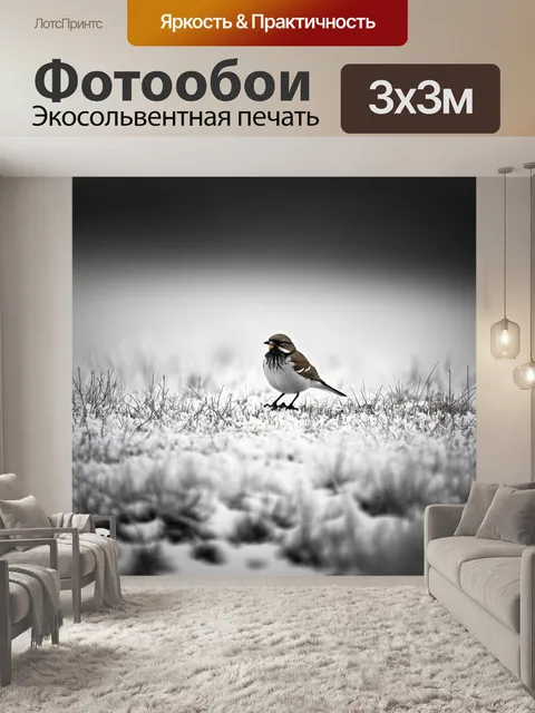 Фотообои одиночная птица, появляющаяся среди зимнего пейзажа, в технике черно-белого контраста, где внимание к детали…