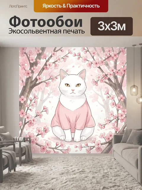 Фотообои Котик среди цветущих ветвей