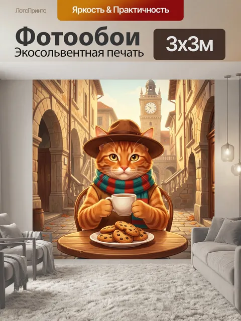 Фотообои Рыжий кот с кофе