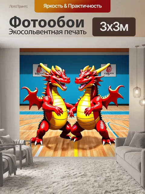 Фотообои двухголовый дракон, занимающийся стритболом в спортзале