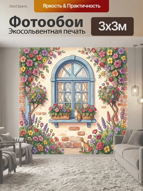 Фотообои Окно в саду с цветами и котами