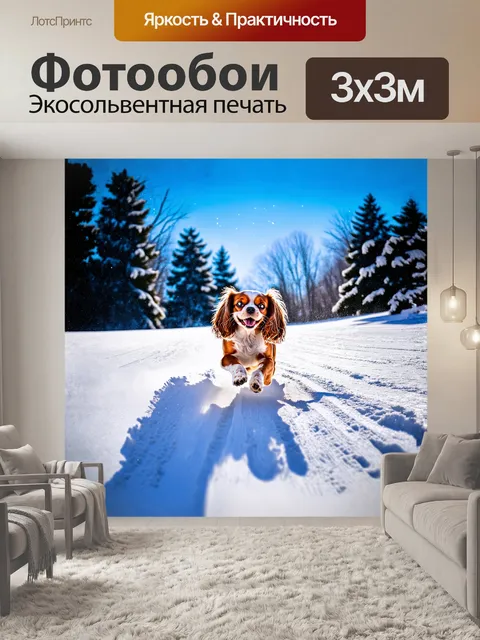 Фотообои кавалер кинг чарльз спаниель, весело мчащийся по сверкающему снежному склону, оставляя за собой следы