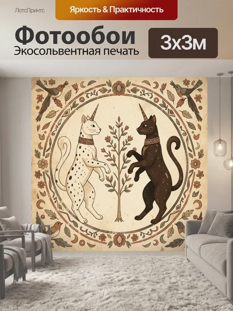 Фотообои Коты единороги с птицами и цветами