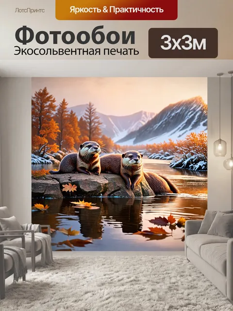 Фотообои в тумане раннего утра две выдры, пушистые и уютные, лежат на берегу реки, на скалистом выступе