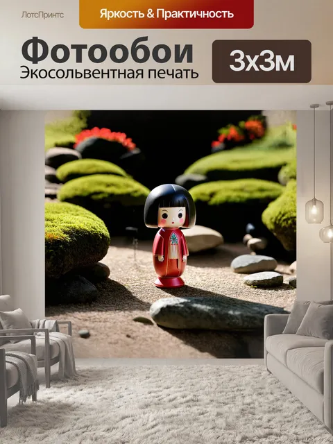 Фотообои кукла кокеши, расположенная на фоне традиционного японского садика, окруженная камнями и мхом, создает…