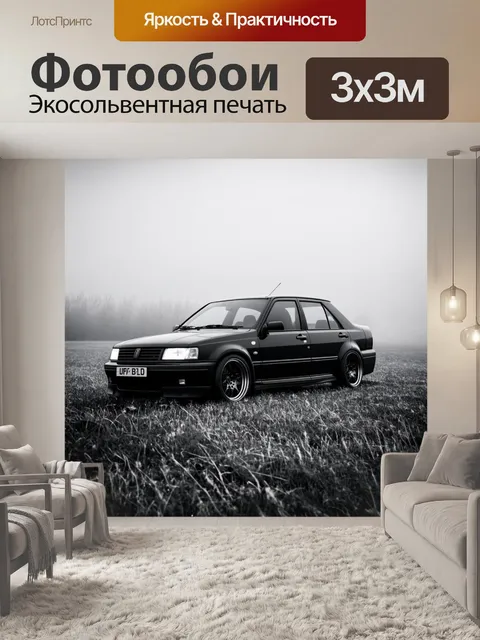 Фотообои машина в стиле черно-белый с утренним туманом и автомобилем на поле