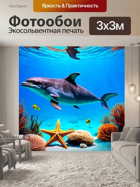 Фотообои дельфин, окружаемый морскими звездами и рыбами