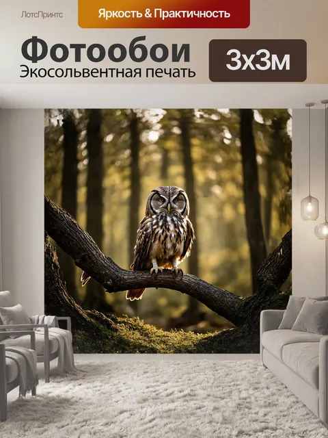 Фотообои евразийский филин, величественно сидящий на мощной ветке, втягивая воздух перед своим полетом, в утреннем…